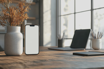 A simple vase containing a green plant placed on a wooden table in a bright room with natural light