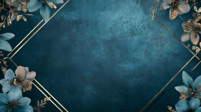 Teal Floral Background With Gold Geometric Frame