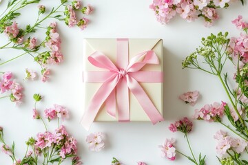 Gift presentation surrounded by pink flowers indoor setting aesthetic arrangement