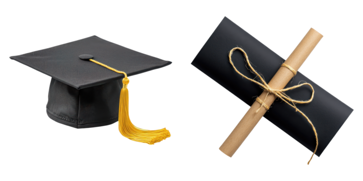 Student memories of graduation ceremony concept. Graduation cap and diploma rolled with ribbon on a black background.