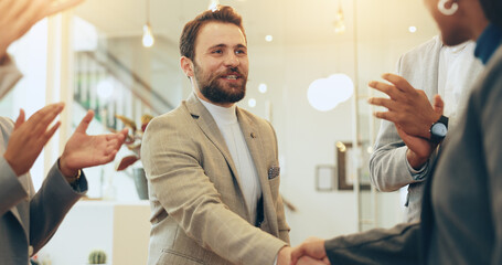 Man, handshake and business people applause in office for welcome, onboarding and new colleague...