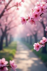 Fototapeta premium Delicate pink cherry blossoms frame a spring scene , fresh, pink flowers, spring flowers