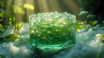 A green glass with ice cubes and green liquid in it