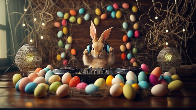 an easterbunny as a DJ with headphone on his ears, and turntables easter eggs around - Generative AI - Powered by Adobe