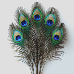 Obraz premium A collection of vibrant peacock feathers arranged neatly on a white background highlighting their intricate patterns and colors for decorative or artistic purposes