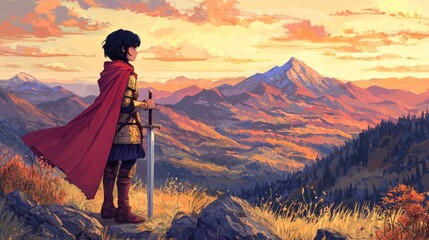Young knight surveys autumn mountain vista at sunset; fantasy game artwork