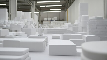 A serene workspace filled with white foam shapes and a lone mannequin amidst a creative setup