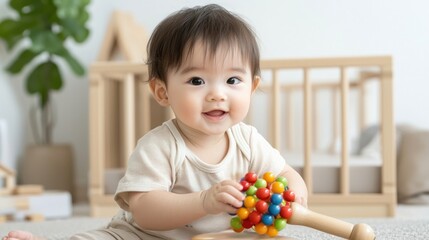 Smiling Baby Playing with Colorful Wooden Rattle in Bright Nursery