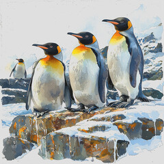 Fototapeta premium Three penguins sitting on a rock by the ocean with a clear blue sky in the background during daylight hours