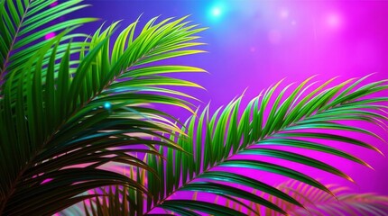 Palm Leaves with Neon Gradient Space Background