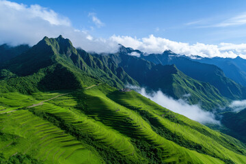 Obraz premium The mountains are covered in lush green grass and the sky is clear and blue