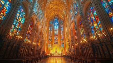 Magnificent Cathedral Interior with Stained Glass Windows