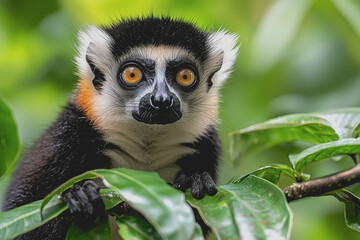 Obraz premium Black and white lemur monkey sitting on a tree branch in a natural habitat environment during daytime observing its surroundings