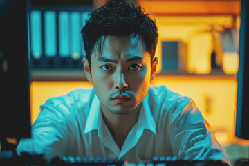 Man viewing information on computer screen in an office environment with focused expression and technology setup