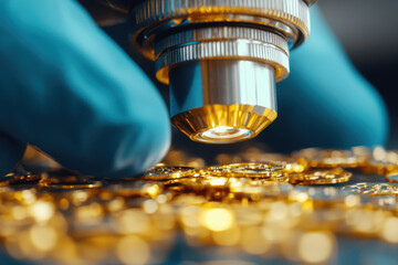 Product manufacturing accuracy. worker examines gold coins microscope for quality assurance and precision. detailed inspection highlights importance of accuracy industry