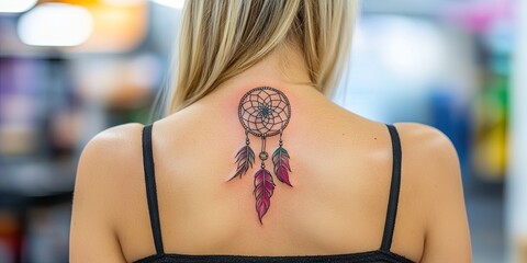 pretty blonde woman with dreamcatcher tattoo 