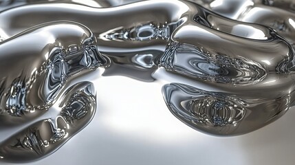 Abstract metallic liquid, flowing, reflective surface, white background, 3D render, design