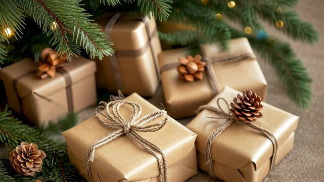 Cozy holiday vibes: wrapped gifts and pine cones under christmas tree with twinkling lights