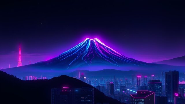 Cyberpunk Mount Fuji at Night with Neon Glow