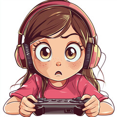 Focused Gamer Girl Cartoon &ndash; Cute Gaming Illustration with Headset & Controller