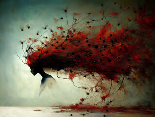 Surreal Dark Fantasy Art &ndash; Mysterious Woman with Red Hair and Insects