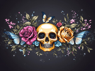 Elegant Sugar Skull Illustration &ndash; Floral Gothic Art with Butterflies