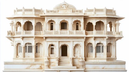 Obraz premium Intricate ivory-colored architectural model showcasing detailed balconies, arches, and decorative carvings