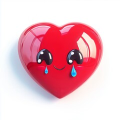 3D comic Red heart icon, crying tears, sad mood, isolated on white background - generative ai