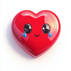 3D comic Red heart icon, crying tears, sad mood, isolated on white background - generative ai