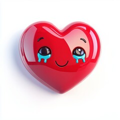3D comic Red heart icon, crying tears, sad mood, isolated on white background - generative ai
