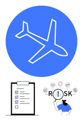 Airplane in bold blue circle, checklist with tasks marked, person examining Risk and surrounding icons. Ideal for safety, aviation, strategy, planning, analysis, risk management abstract line flat