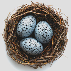 Obraz premium Three eggs nestled in a natural bird nest made of twigs and grass resting on a tree branch in a serene outdoor environment