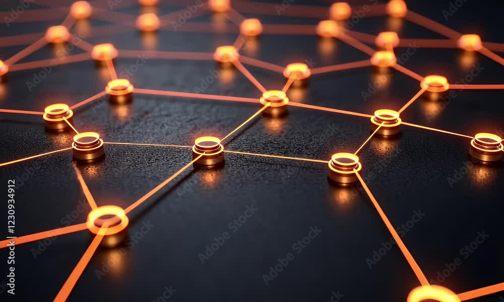 Aufkleber Glowing Network Nodes Connected, Abstract Dark Background