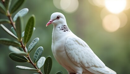 Obraz premium Elegant white dove perched on a branch with soft bokeh background in sunlight