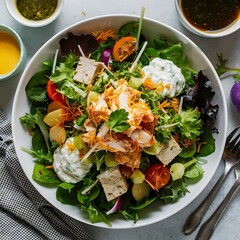 Fresh salad with chicken and tofu isolated on white background, healthy meal with grilled chicken breast, organic tofu, mixed greens, cherry tomatoes, cucumbers, and fresh herbs for diet and nutrition