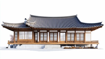 Obraz premium Traditional Korean Hanok House with Curved Roof and Wooden Details on a White Background