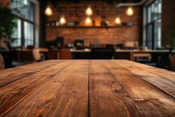 Rustic Wooden Table in Modern Cafe with Cozy Atmosphere
