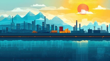 Fototapeta premium A vibrant digital landscape featuring an industrial skyline silhouetted against a colorful sunset reflecting on calm waters.