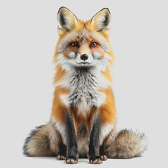 Red fox sitting on a white surface staring directly at the camera with a curious expression in a natural habitat setting