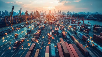 A vibrant aerial view of a busy shipping port at sunset, showcasing container ships, cranes, and interconnected logistics networks.