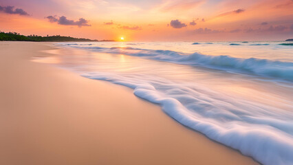 Fototapeta premium An abstract background featuring a blurred tropical beach at sunset, characterized by soft sandy shores and a colorful sky adorned with clouds