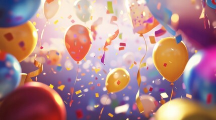 A digital artwork depicting animated birthday banners in a virtual celebration environment, Virtual birthday celebration scene, Animated style