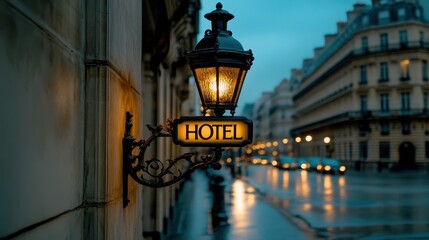 Vintage Hotel Sign Illuminated at Dusk in Urban Street Setting