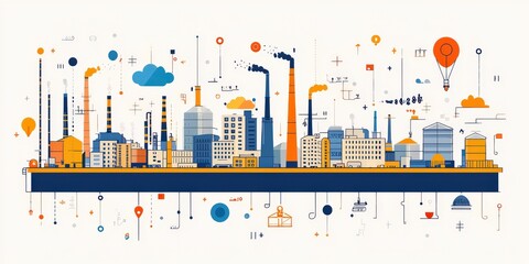A colorful, illustrated cityscape depicting industrial buildings, smokestacks, and various elements like clouds and balloons, symbolizing urban development and industry.