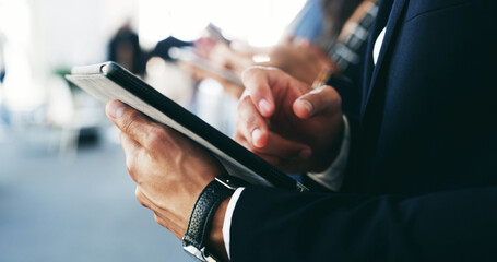 Hands, tablet and business man closeup in office for email or trading app in line at crypto convention. Digital technology, corporate and worker on internet for finance, investment update or schedule