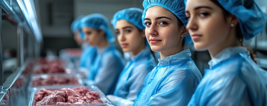 A group of women in blue protective gear work in a meat processing facility, focused and engaged in their tasks.