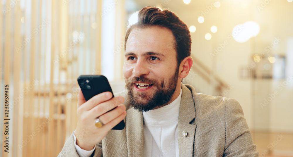 Poster office, communication and businessman with speaker for phone call, thinking and schedule with contac