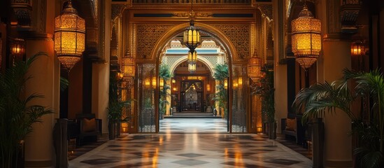 Fototapeta premium Palace hallway grand arch, lanterns, courtyard
