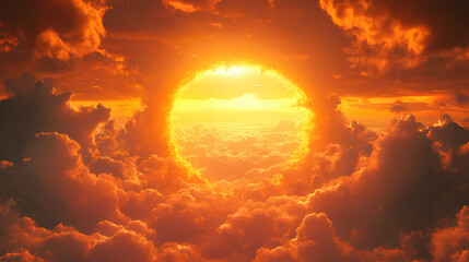 Golden heavenly gate on clouds & sunset suitable for spiritual concepts, religious designs, celestial backgrounds, fantasy themes, and inspirational content. Heavenly Arch. Illustration