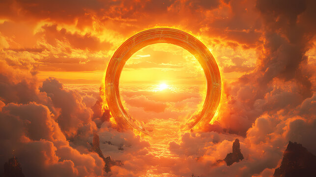 Golden heavenly gate on clouds & sunset suitable for spiritual concepts, religious designs, celestial backgrounds, fantasy themes, and inspirational content. Heavenly Arch. Illustration